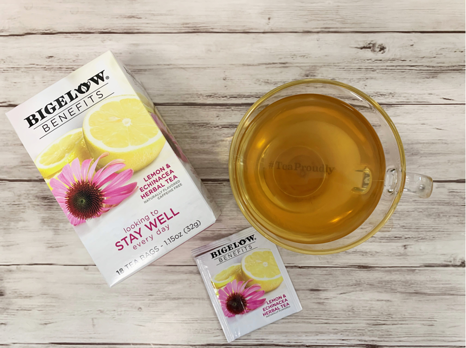 Bigelow Benefits STAY WELL Herbal Tea, box of tea and mug on table