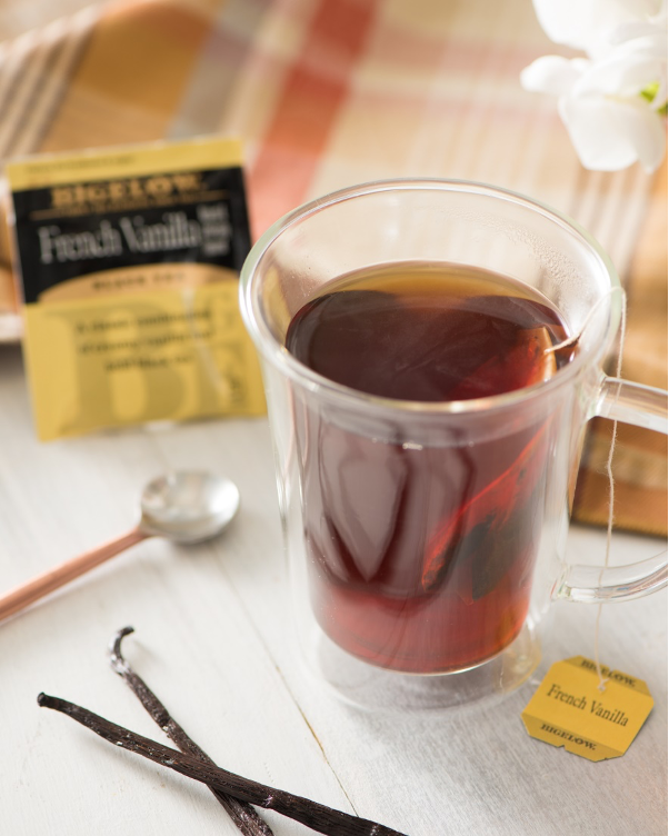Bigelow tea french vanilla black tea in glass mug on table